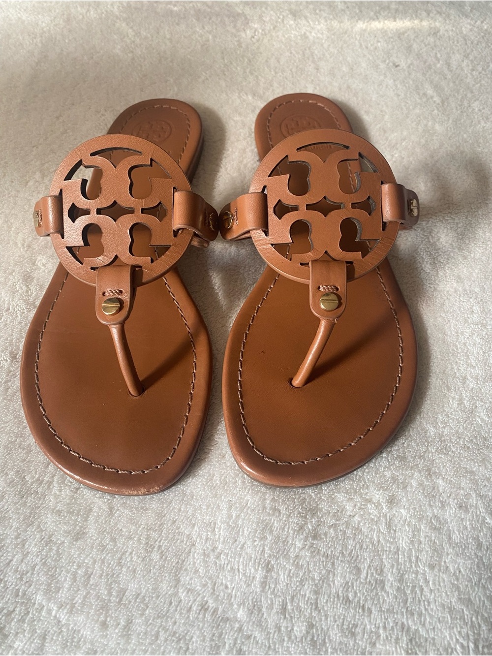 Tory Burch Tan Leather Miller Thong Sandals with Logo Medallion